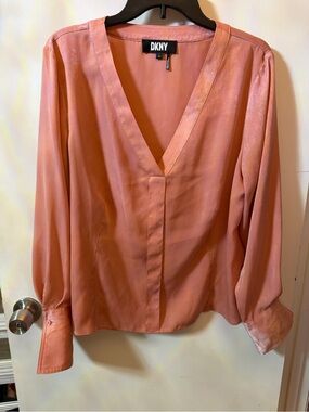 DKNY Pink Satin V-Neck Long Sleeve Blouse